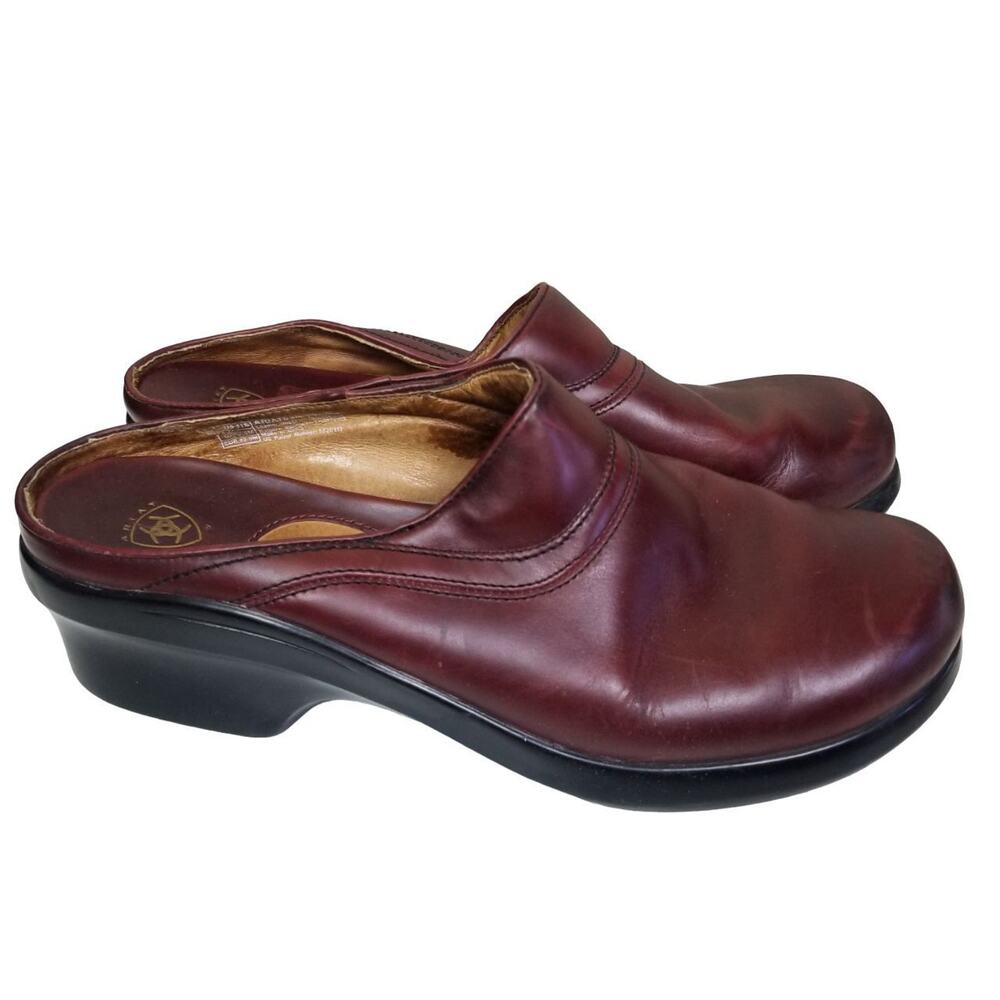 Ariat Womens Brown Leather Clogs Size 11 Slip On Shoes Round Toe Comfort Heeled